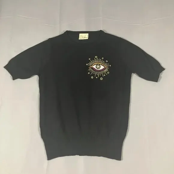 Mischief Made Sweater Womens Small Eye Embroidered Knit Pullover Boho Unique - Picture 1 of 14